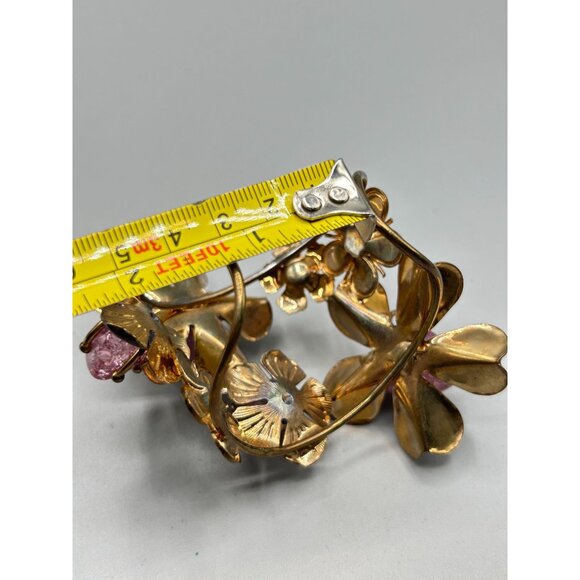Floral Cuff Bracelet Crackled Glass Rhinestones & Enamels Statement Bracelet - Picture 11 of 12